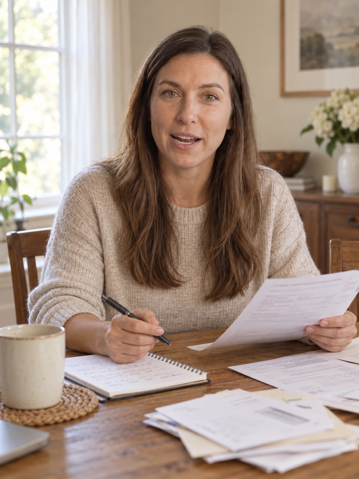 Lana Maynes at her kitchen table with the paperwork out