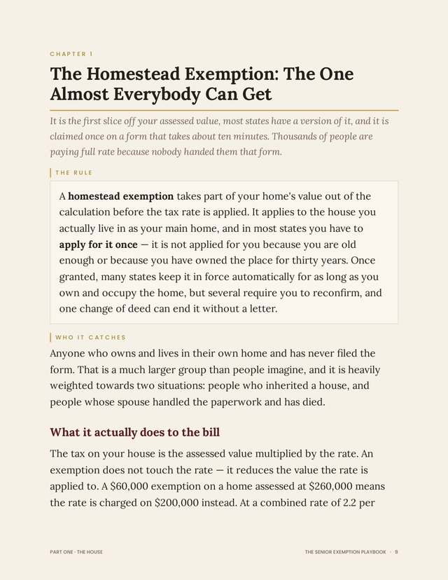 Page 9 of The Senior Exemption Playbook: Chapter 1 as it opens.